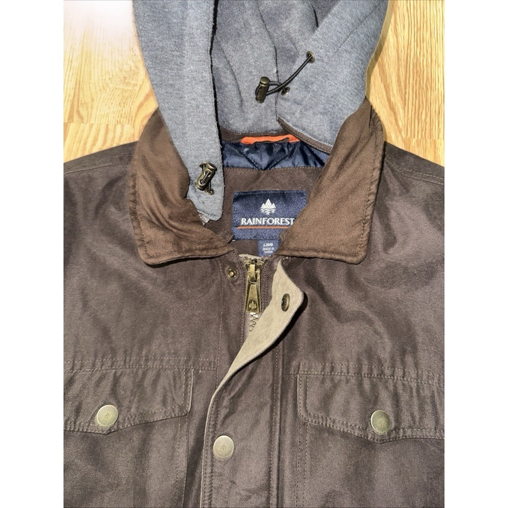 Men's Large Rainforest Chocolate Brown Zip & Snap Multi Pocket Jacket Hood - Picture 8 of 8